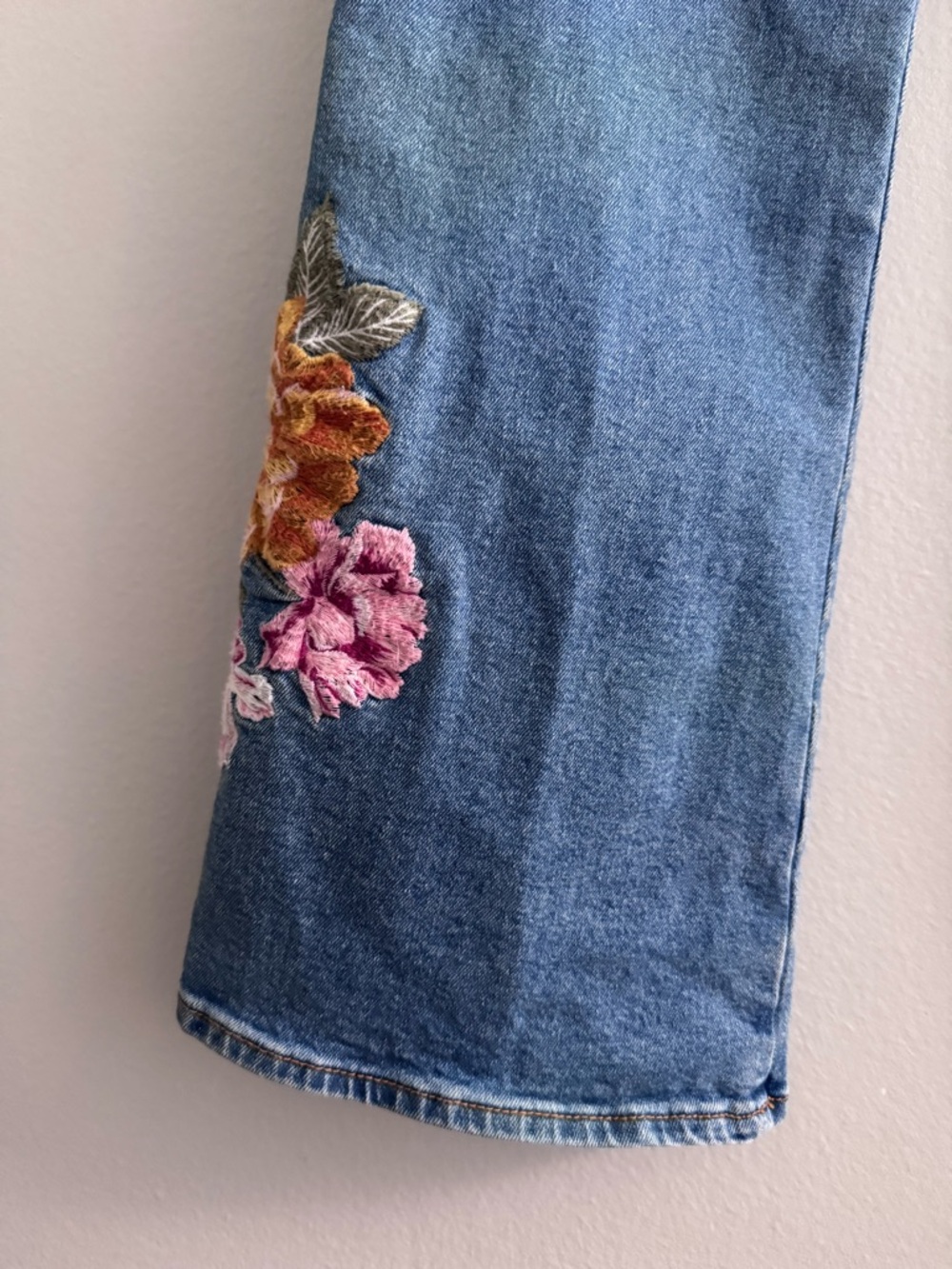 DRIFTWOOD Blue Boot Cut Jeans with Pink & Gold Floral Embroidery - Picture 13 of 13